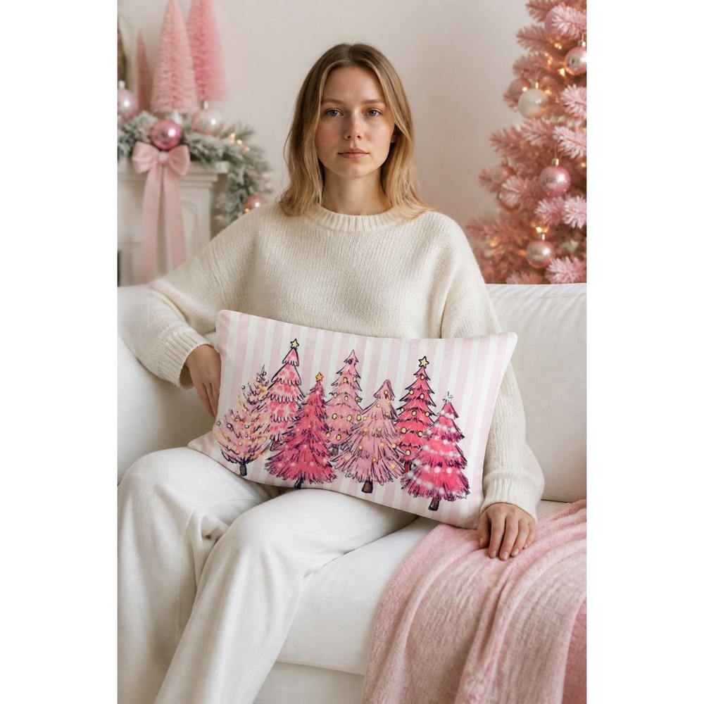 NEW Pink Christmas‎ Trees Striped Decorative Pillow Cover Holiday Decor